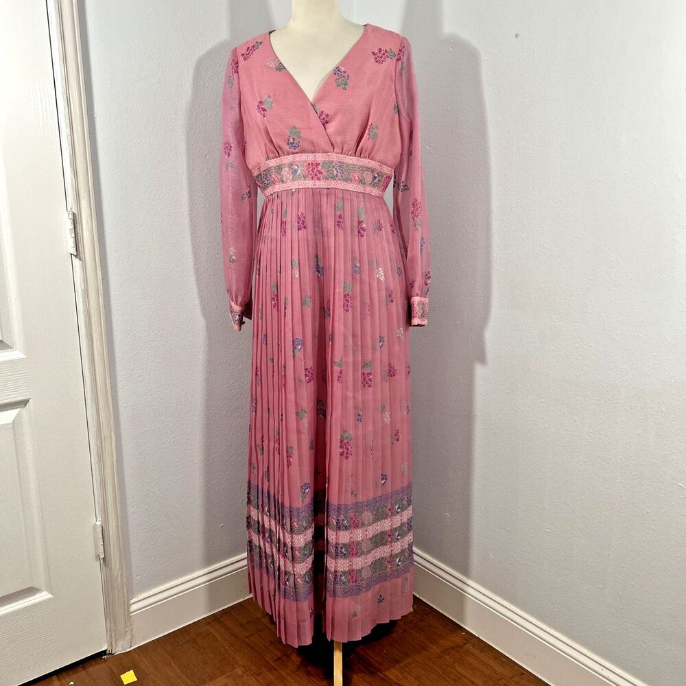 Vtg Shaheen Long Maxi Dress Womens 14 Pink Pleated Babydoll Fairy Vacation